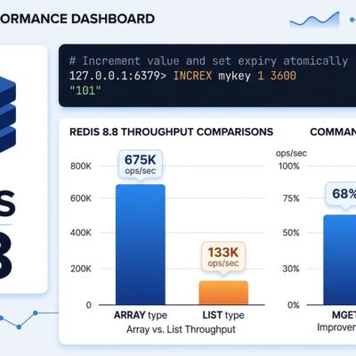 Data visualization dashboard showing Redis 8.8 performance improvements including Array type throughput, MGET gains, and stream throughput increases