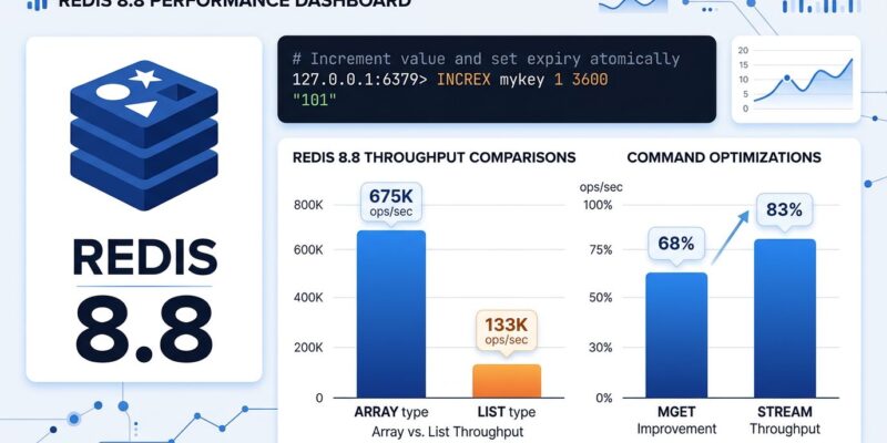 Data visualization dashboard showing Redis 8.8 performance improvements including Array type throughput, MGET gains, and stream throughput increases