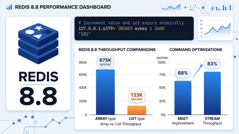 Data visualization dashboard showing Redis 8.8 performance improvements including Array type throughput, MGET gains, and stream throughput increases