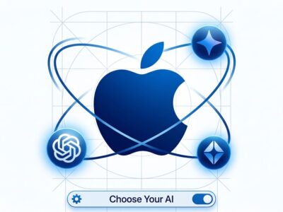 iOS 27 Extensions framework showing Apple logo with ChatGPT, Gemini, and Claude AI providers orbiting as swappable Siri backends