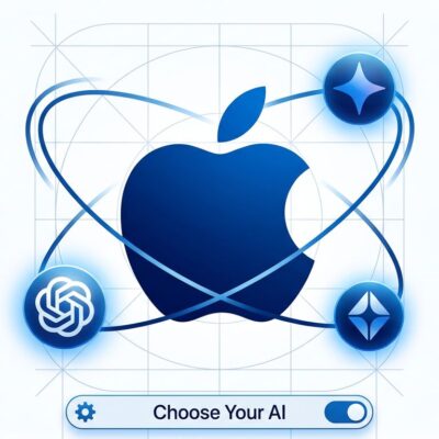 iOS 27 Extensions framework showing Apple logo with ChatGPT, Gemini, and Claude AI providers orbiting as swappable Siri backends