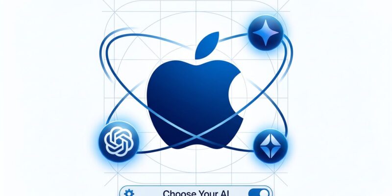 iOS 27 Extensions framework showing Apple logo with ChatGPT, Gemini, and Claude AI providers orbiting as swappable Siri backends