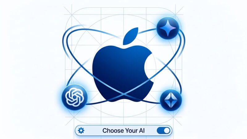 iOS 27 Extensions framework showing Apple logo with ChatGPT, Gemini, and Claude AI providers orbiting as swappable Siri backends