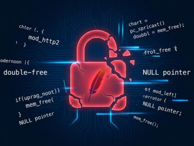 Cracked padlock with Apache logo and mod_http2 code fragments on dark blue background representing CVE-2026-23918 security vulnerability