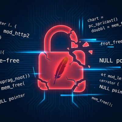 Cracked padlock with Apache logo and mod_http2 code fragments on dark blue background representing CVE-2026-23918 security vulnerability