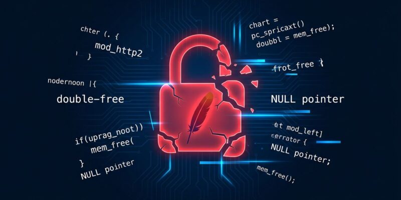 Cracked padlock with Apache logo and mod_http2 code fragments on dark blue background representing CVE-2026-23918 security vulnerability