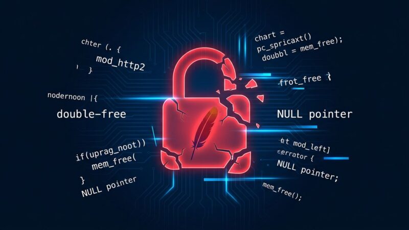 Cracked padlock with Apache logo and mod_http2 code fragments on dark blue background representing CVE-2026-23918 security vulnerability