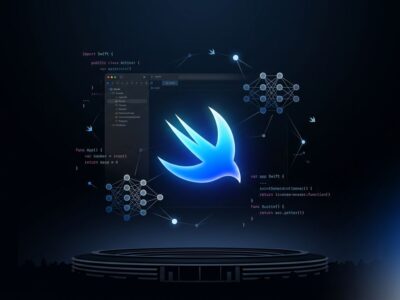WWDC 2026 developer preview showing Swift logo, Xcode IDE, and AI elements with ByteIota blue and white branding