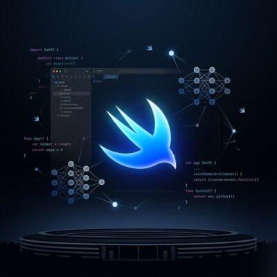 WWDC 2026 developer preview showing Swift logo, Xcode IDE, and AI elements with ByteIota blue and white branding