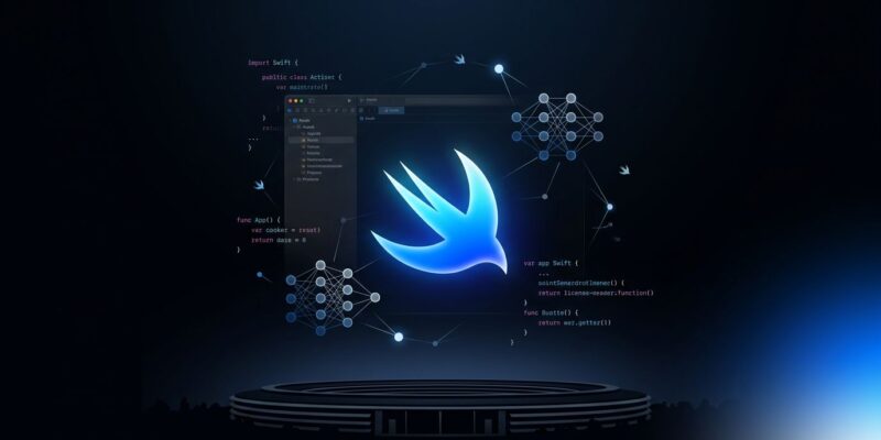 WWDC 2026 developer preview showing Swift logo, Xcode IDE, and AI elements with ByteIota blue and white branding