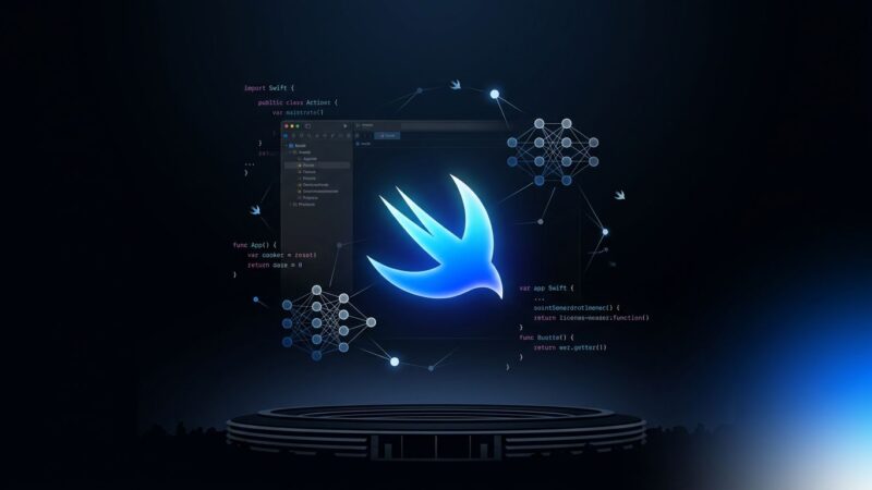 WWDC 2026 developer preview showing Swift logo, Xcode IDE, and AI elements with ByteIota blue and white branding