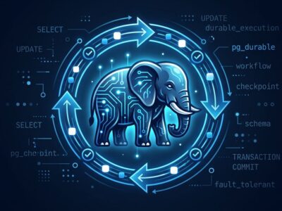 PostgreSQL elephant with blue circuit patterns symbolizing pg_durable durable execution workflows