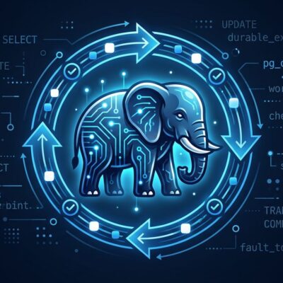 PostgreSQL elephant with blue circuit patterns symbolizing pg_durable durable execution workflows
