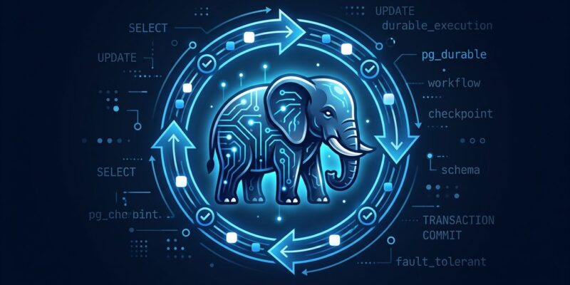 PostgreSQL elephant with blue circuit patterns symbolizing pg_durable durable execution workflows