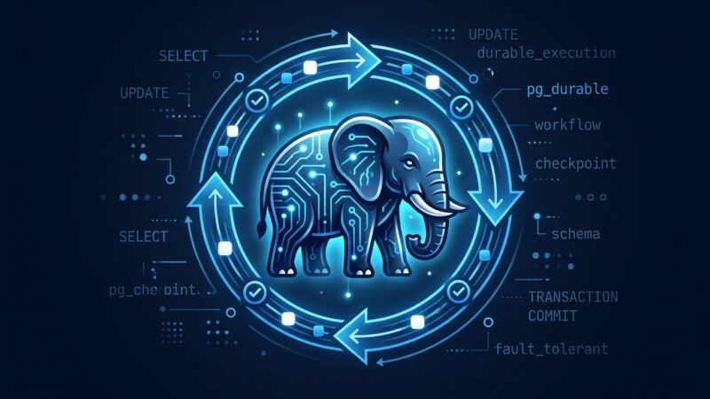 PostgreSQL elephant with blue circuit patterns symbolizing pg_durable durable execution workflows