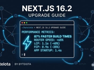 Next.js 16.2 performance improvements showing terminal with speed metrics and Turbopack module graph visualization