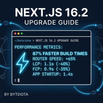 Next.js 16.2 performance improvements showing terminal with speed metrics and Turbopack module graph visualization