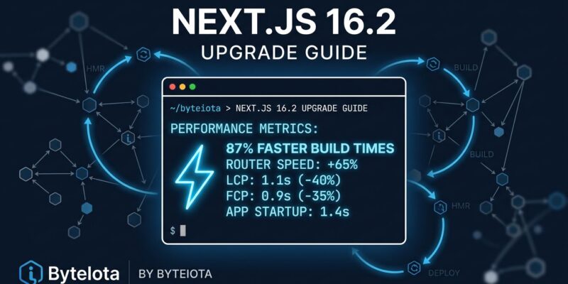 Next.js 16.2 performance improvements showing terminal with speed metrics and Turbopack module graph visualization