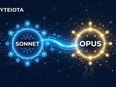 Two interconnected AI model nodes representing Claude Sonnet executor and Claude Opus advisor communicating via API