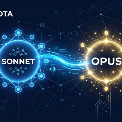 Two interconnected AI model nodes representing Claude Sonnet executor and Claude Opus advisor communicating via API