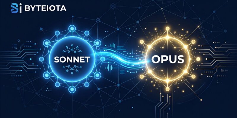 Two interconnected AI model nodes representing Claude Sonnet executor and Claude Opus advisor communicating via API