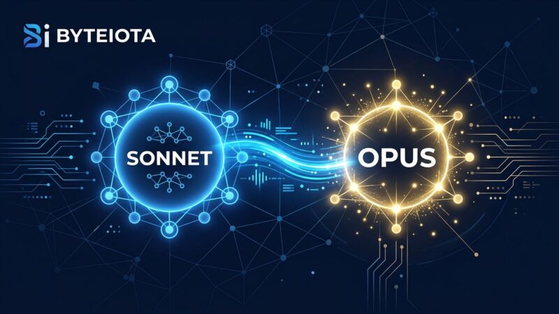 Two interconnected AI model nodes representing Claude Sonnet executor and Claude Opus advisor communicating via API