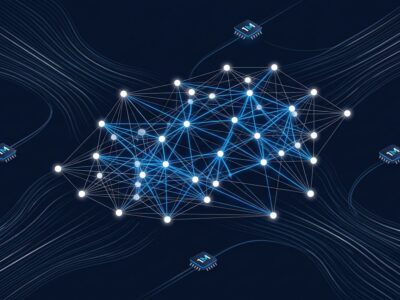 Abstract visualization of MiniMax M3 sparse attention neural network architecture with blue and white connection nodes on dark background