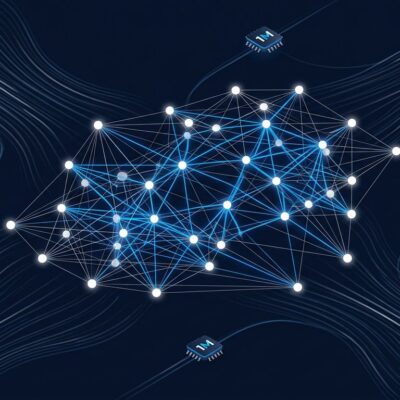 Abstract visualization of MiniMax M3 sparse attention neural network architecture with blue and white connection nodes on dark background