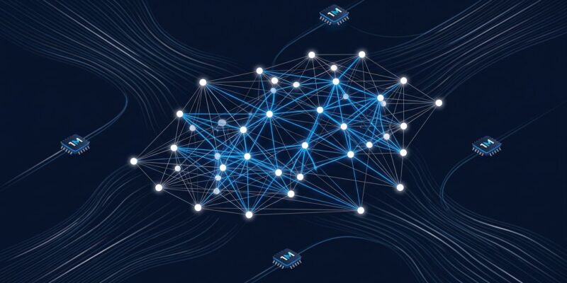 Abstract visualization of MiniMax M3 sparse attention neural network architecture with blue and white connection nodes on dark background