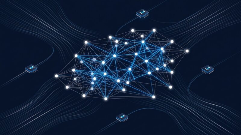 Abstract visualization of MiniMax M3 sparse attention neural network architecture with blue and white connection nodes on dark background