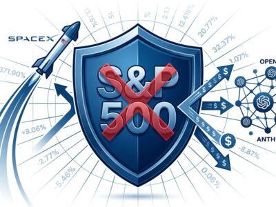 S&P 500 shield blocking AI company IPO fast-track entry, with SpaceX rocket and AI data streams being deflected