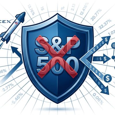 S&P 500 shield blocking AI company IPO fast-track entry, with SpaceX rocket and AI data streams being deflected