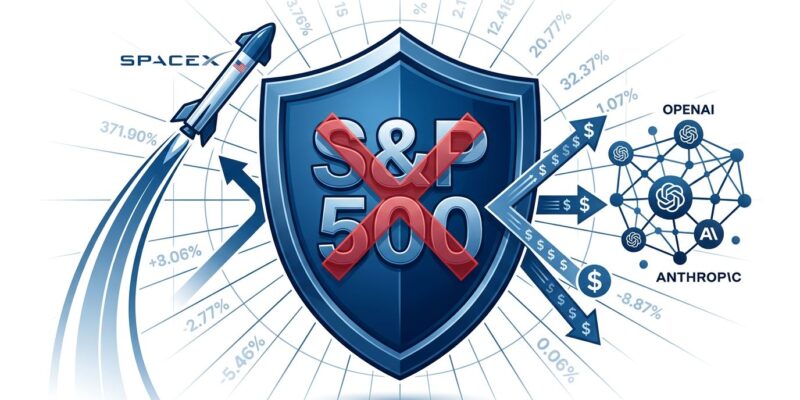 S&P 500 shield blocking AI company IPO fast-track entry, with SpaceX rocket and AI data streams being deflected