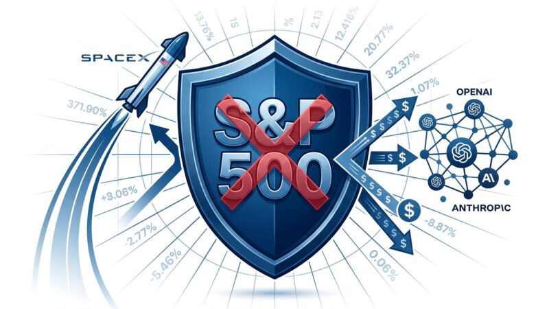 S&P 500 shield blocking AI company IPO fast-track entry, with SpaceX rocket and AI data streams being deflected