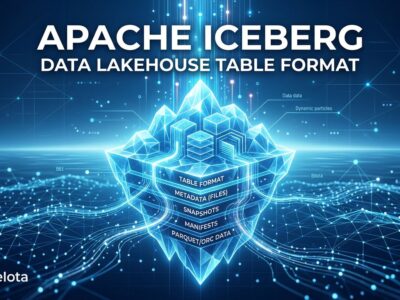 Apache Iceberg V3 data lakehouse architecture visualization with blue and white digital ice crystal data streams