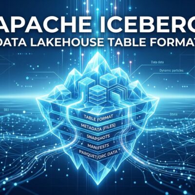 Apache Iceberg V3 data lakehouse architecture visualization with blue and white digital ice crystal data streams