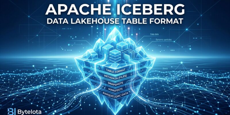 Apache Iceberg V3 data lakehouse architecture visualization with blue and white digital ice crystal data streams