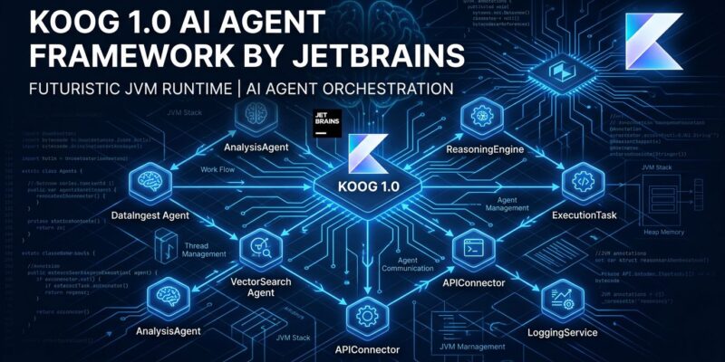 Koog 1.0 AI agent framework by JetBrains showing interconnected agent nodes in a JVM runtime environment with ByteIota blue color scheme