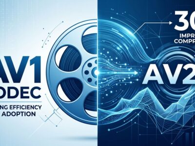 AV2 video codec launch illustration showing transition from AV1 to AV2 with 30% compression gain