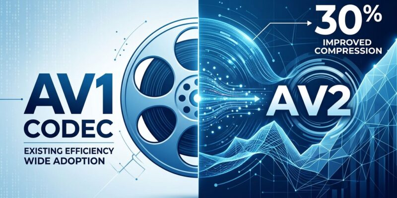 AV2 video codec launch illustration showing transition from AV1 to AV2 with 30% compression gain