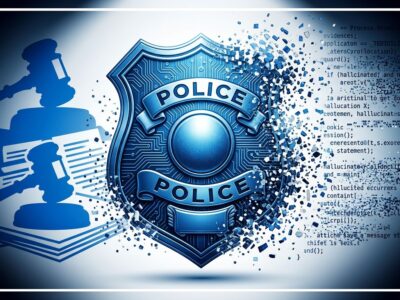 Police badge with AI circuit patterns fragmenting, representing AI hallucination in UK court evidence and the national halt directive