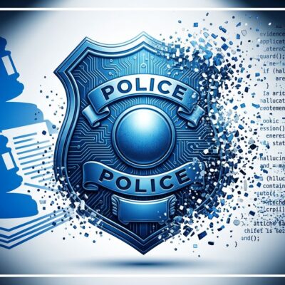 Police badge with AI circuit patterns fragmenting, representing AI hallucination in UK court evidence and the national halt directive
