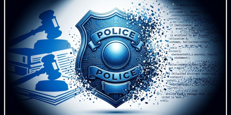 Police badge with AI circuit patterns fragmenting, representing AI hallucination in UK court evidence and the national halt directive