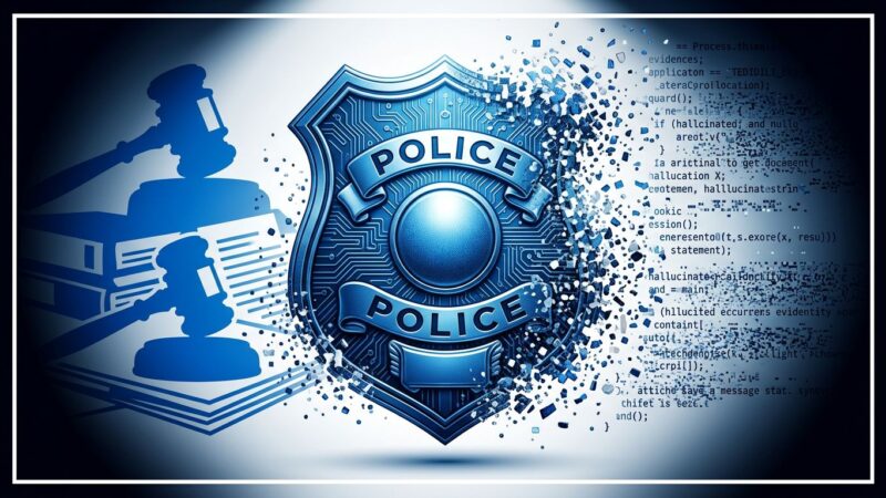 Police badge with AI circuit patterns fragmenting, representing AI hallucination in UK court evidence and the national halt directive