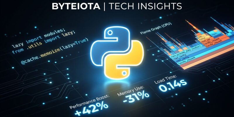 Python 3.15 Beta 1 featured image showing Python logo with code fragments for lazy imports and flame graph profiling