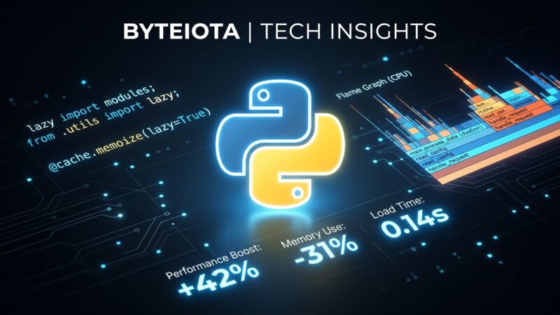 Python 3.15 Beta 1 featured image showing Python logo with code fragments for lazy imports and flame graph profiling