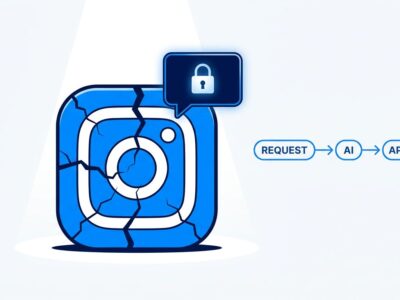 Instagram logo fractured with AI chat bubble and approval flow diagram, representing the Meta AI chatbot account takeover vulnerability