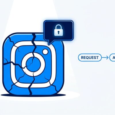 Instagram logo fractured with AI chat bubble and approval flow diagram, representing the Meta AI chatbot account takeover vulnerability