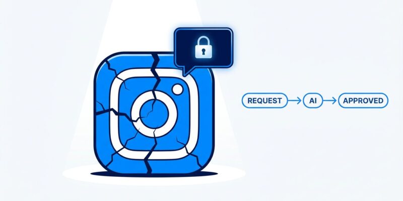 Instagram logo fractured with AI chat bubble and approval flow diagram, representing the Meta AI chatbot account takeover vulnerability