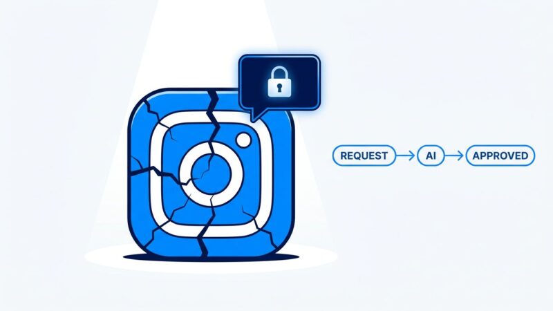 Instagram logo fractured with AI chat bubble and approval flow diagram, representing the Meta AI chatbot account takeover vulnerability